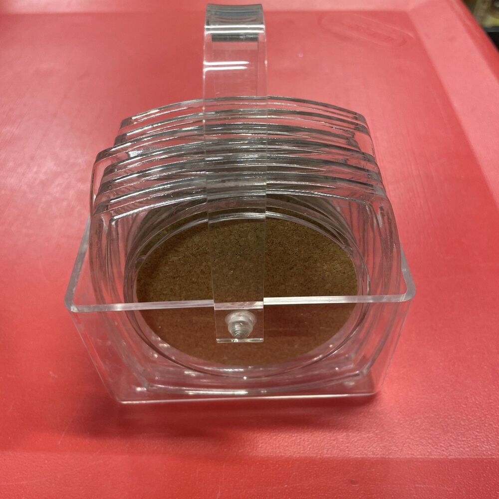 Vintage Lucite Acrylic 6 Coaster Set Cork Inserts & Holder Mid Century Modern